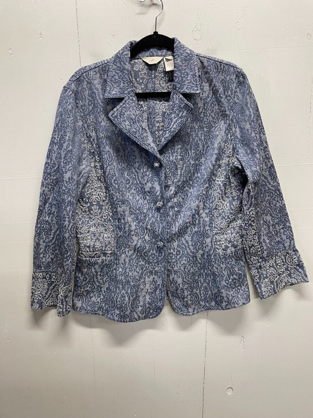 J. Jill Women's Tapestry Effect Blazer 3 Button Closure Size 14W Blue & Cream